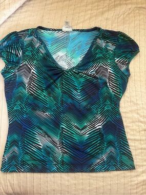 Worthington Teal Blue Green V-Neck Short Sleeve Blouse